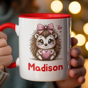 Kids Valentines Day Mug, Cute Hedgehog with Heart, Custom Name Coffee Cup, Childs Personalized Drinkware, Valentines Gift for Kids