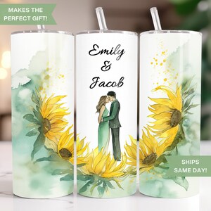 Personalized Engagement Couple Mr and Mrs Sunflower Tumbler with Name for Him and Her, Boyfriend Girlfriend Cute Sunflower Travel Cup