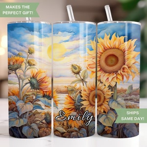 Personalized Floral Sunflower Tumbler with Name for Her, Girl Cute Sunflower Travel Cup Gift with Custom Name for Women, Husband Wife Gift
