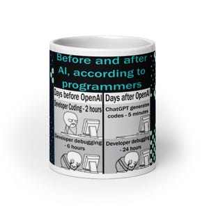 Könnte beinhalten: Eine weiße Kaffeetasse mit einer schwarz-weißen Comic-Illustration, die den Unterschied zwischen dem Programmieren vor und nach der KI darstellt. Der Text lautet "Vor und nach KI, laut Programmierern." und zeigt einen Entwickler, der 2 Stunden programmiert und 6 Stunden debuggt, bevor KI eingesetzt wird, und 5 Minuten programmiert und 24 Stunden debuggt, nachdem KI eingesetzt wird.