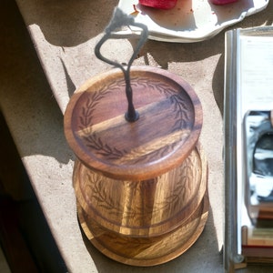 Beautiful, laser engraved, wood, 3 level organizer, spice rack, pill holder. Hangable standing, centerpiece, Decor, elegant, serving tray,