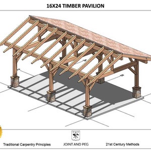 May include: A 3D rendering of a 16x24 foot timber pavilion with a gabled roof. The pavilion is made of wood and has a natural wood finish. The pavilion is supported by six wooden posts.