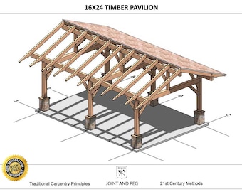 May include: A 3D rendering of a 16x24 foot timber pavilion with a gabled roof. The pavilion is made of wood and has a natural wood finish. The pavilion is supported by six wooden posts.