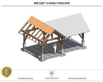 May include: A 3D rendering of a 400 square foot 3-gable pavilion with a wooden frame and a metal roof. The pavilion has a wooden floor and is supported by six columns.