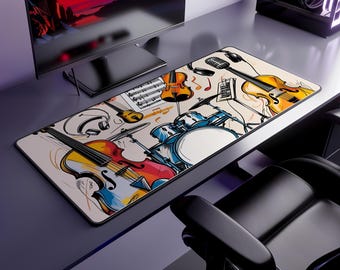 May include: A rectangular desk mat featuring a colorful illustration of musical instruments including violins, a drum set, a microphone, and headphones, along with musical notation symbols printed on a light-colored background.