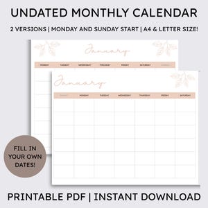 Undated Monthly Planner Minimalist Blank Monthly Calendar Landscape Sunday Start Monday Start Printable Calendar Template PDF