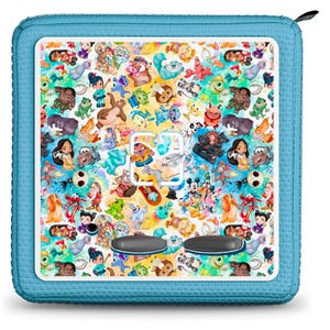 May include: A blue and white square-shaped speaker with a colorful print of Disney characters. The speaker has two black buttons on the front.