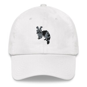 May include: White baseball cap with an embroidered black and gray cat design.