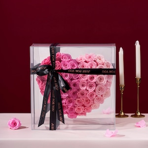 Preserved Flower Eternal Rose Heart Gift Box - Gradient Pink Flower Bouquet - Wedding Anniversary & Valentine's Gift for Her