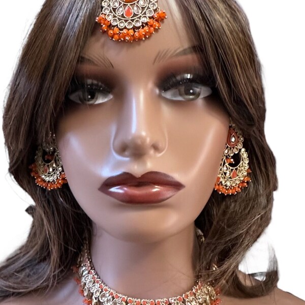 Orange Polki Necklace Set with Mang Tikka Indian Jewelry Pakistani Jewelry Punjabi Jewelry Bollywood Jewelry Indian Polki Set Kundan Jewelry