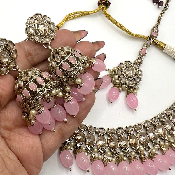 Baby Pink Kundan Polki Choker Set with Jhumka and Tikka Indian Jewelry Bollywood Jewelry Pakistani Jewelry Designer Pearl Set Desi Jewelry