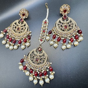 Bridal Kundan Jhumka Earring Maang Tikka Set | Red Pearl Indian Jewelry Set | Bollywood Wedding Jewelry | Traditional Ethnic Desi Jewelry