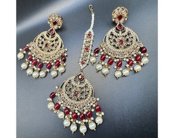 Bridal Kundan Jhumka Earring Maang Tikka Set | Red Pearl Indian Jewelry Set | Bollywood Wedding Jewelry | Traditional Ethnic Desi Jewelry