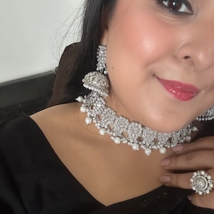 Statement Silver Kundan Polki Choker Set with Jhumka and Tikka Indian Jewelry Bollywood Jewelry Pakistani Jewelry Silver Plated Jewelry