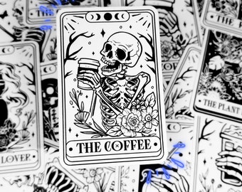 De koffie-tarotkaartsticker - zwart-witte water- en weerbestendige griezelige decoratie voor laptop, kindle-tablet, telefoon, muurauto en meer