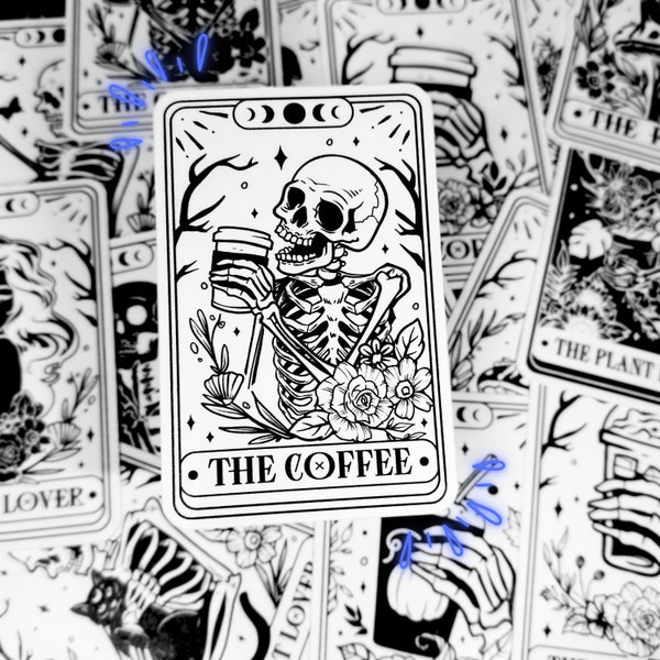 The Coffee tarot card sticker - black and white water & weather resistant spooky decoration for laptop kindle tablet phone wall car and more