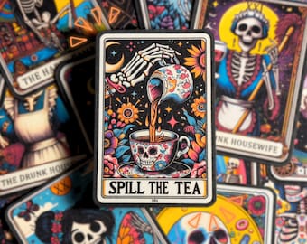 Spill the Tea Tarot Sticker - farbenfrohe wasser- und wetterfeste lustige, gruselige & sarkastische Dekoration für Handy Laptop Auto Kindle Tablet