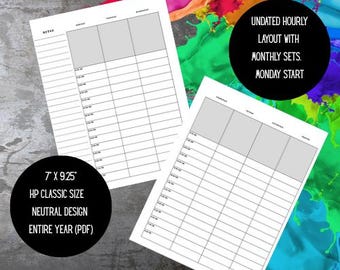 May include: Two white planner pages with a grid layout, featuring time slots and sections for notes. The text on the image says "UNDATED HOURLY LAYOUT WITH MONTHLY SETS. MONDAY START" and "7 X 9.25 HP CLASSIC SIZE NEUTRAL DESIGN ENTIRE YEAR (PDF)".