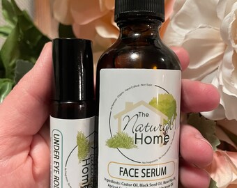 Face Serum and Under Eye Roller Pack - Castor Jojoba Oil - Anti Aging Healing Moisturizer - Reduces Fine Lines Dark Circles Black Seed Oil