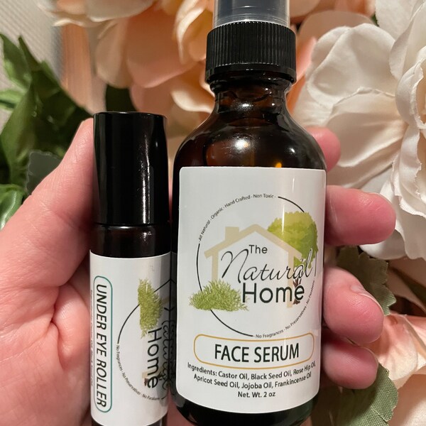 Face Serum and Under Eye Roller Pack - Castor Jojoba Oil - Anti Aging Healing Moisturizer - Reduces Fine Lines Dark Circles Black Seed Oil