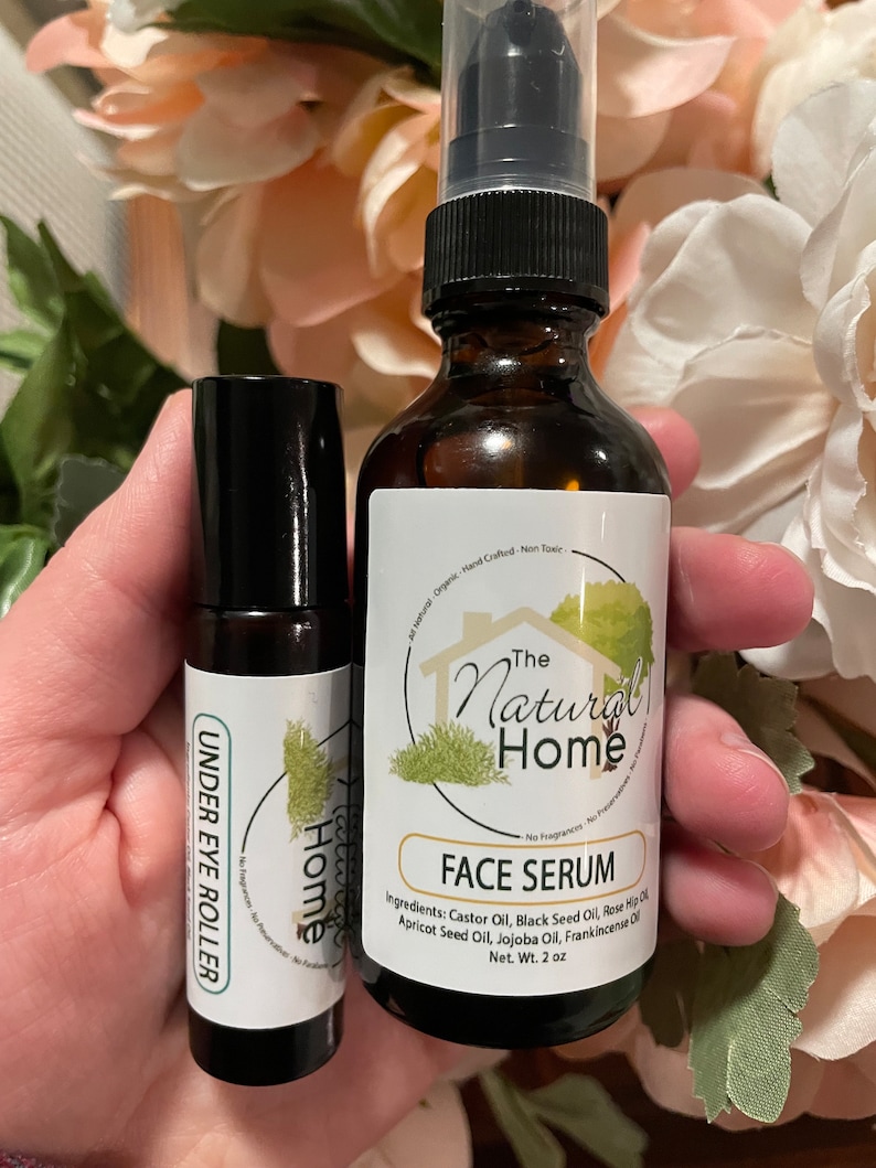 Face Serum and Under Eye Roller Pack Castor Jojoba Oil Anti Aging Healing Moisturizer Reduces Fine Lines Dark Circles Black Seed Oil image 1
