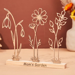 Personalized Wood Birth Flower Garden Engraved Flower Decoration Birthday Flower Bouquet Gift for Mom Grandma Gifts for Her Mothers Day Gift