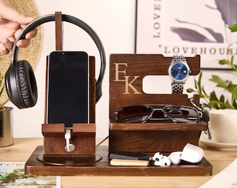 Engraved Charging Station Personalized Docking Station Men Wood Phone Stand Name Phone Holder Gift For Boyfriend Gift For Father
