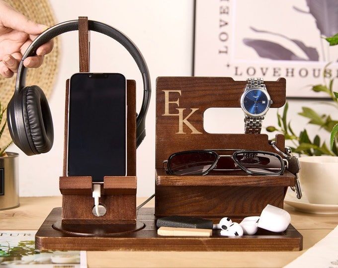 Engraved Charging Station Personalized Docking Station Men Wood Phone Stand Name Phone Holder Gift For Boyfriend Gift For Father