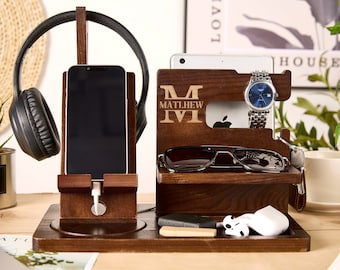 Personalized Docking Station Wooden Desk Organizer For Men Engraved Phone Stand Phone Docking Station Charging Station Father&#39;s Day Gift