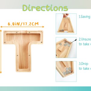 Puede incluir: Huchas de madera en forma de letra T con instrucciones sobre c&oacute;mo ahorrar, desatornillar y dejar caer monedas. La hucha mide 17,8 cm de alto y 17,2 cm de ancho.