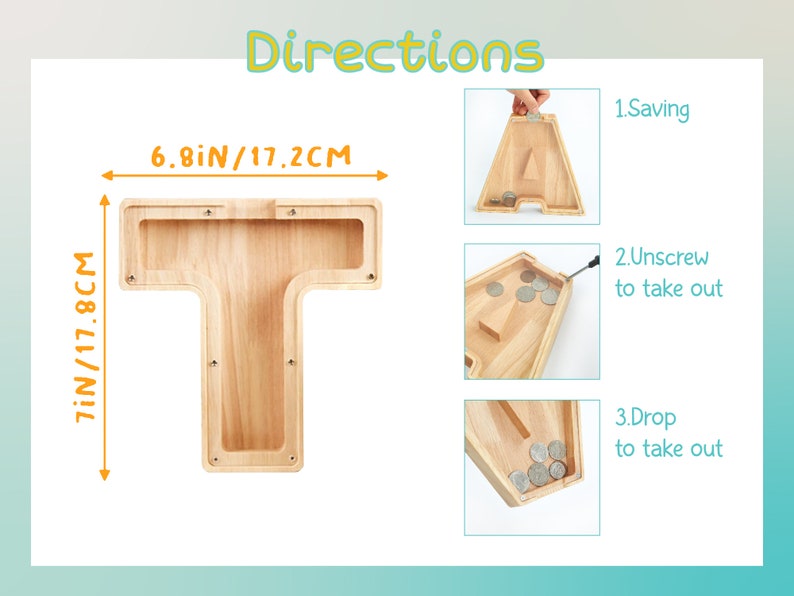 Puede incluir: Huchas de madera en forma de letra T con instrucciones sobre c&oacute;mo ahorrar, desatornillar y dejar caer monedas. La hucha mide 17,8 cm de alto y 17,2 cm de ancho.