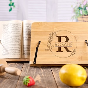 Personalized Cookbook Stand Recipe Book Holder Wooden Cookbook Holder Cookbook Display Housewarming Gifts for Couples New Home Gift image 2