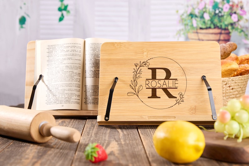 Personalized Cookbook Stand Recipe Book Holder Wooden Cookbook Holder Cookbook Display Housewarming Gifts for Couples New Home Gift image 2
