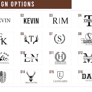 May include: A graphic design options chart with 16 different designs. The designs include initials, names, and other personalized elements. The designs are numbered D1 through D16.