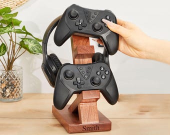 Personalized Headphone Holder Game Stand Wooden Controller Holder Gaming Headset Stand Gifts For Him  Father&#39;s Day Gamer Gift  Birthday Gift