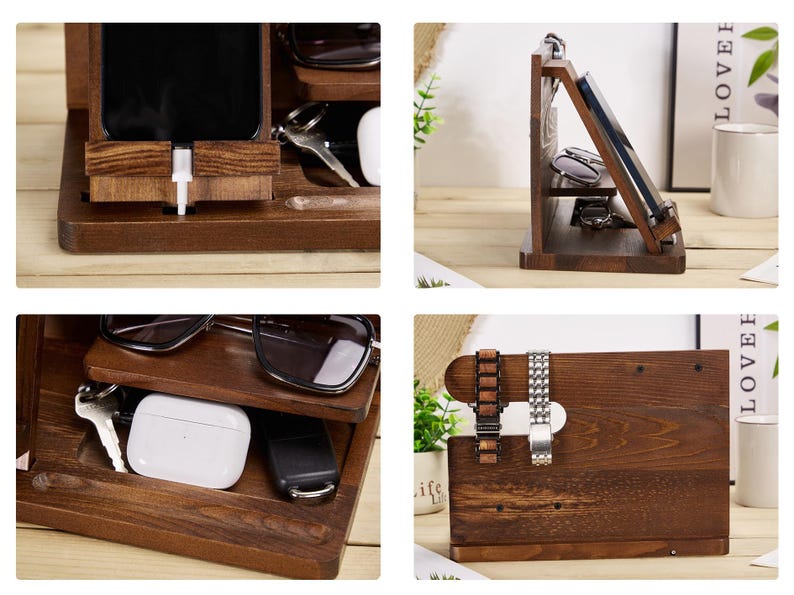 May include: A wooden organiser with multiple compartments for storing various items, including a phone, watch, glasses, and keys. The organiser has a dark brown finish and a rustic look.