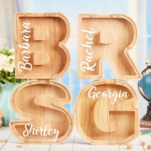 Hucha de madera personalizada con letras del alfabeto y nombre, hucha para niños, hucha de madera con nombre, regalo de cumpleaños para niños, regalo de guardería
