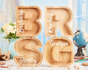 Personalized Wood Alphabet Letter Bank Name Piggy Bank Kids Piggy Bank Name Coin Bank Wood Money Box Christmas Gift for Kids  Birthday Gifts