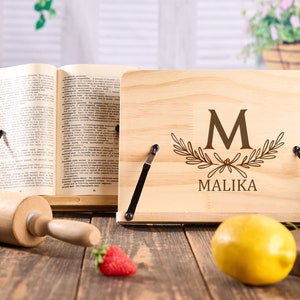 Personalized Cookbook Stand Recipe Book Holder Wooden Cookbook Holder Cookbook Display Housewarming Gifts for Couples New Home Gift image 4