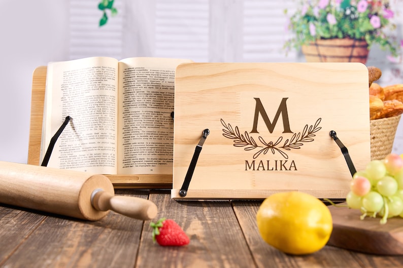 Personalized Cookbook Stand Recipe Book Holder Wooden Cookbook Holder Cookbook Display Housewarming Gifts for Couples New Home Gift image 4