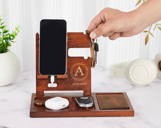 Personalized Phone Charging Station,Phone Stand,Phone Docking Station,Nightstand Organizer,Organizer For Men,Dad Birthday Gift,Gift For Him