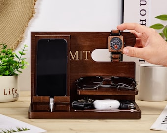 Holz personalisierte Dockingstation für Handy, graviert Telefonständer, Uhr Organizer, Handyständer, Schreibtisch Organizer, Organizer für Männer