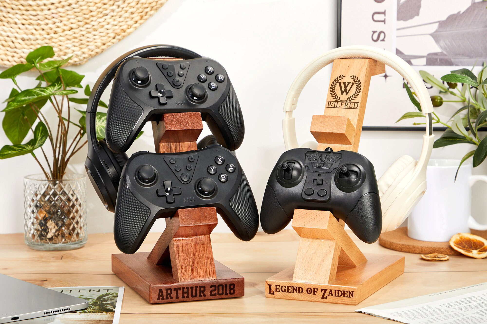 Personalized Wooden Controller Headphone Stand Docking Station Gift from Sister Game Room Decor Husband Gift Father's Day Gift Gift for Dad