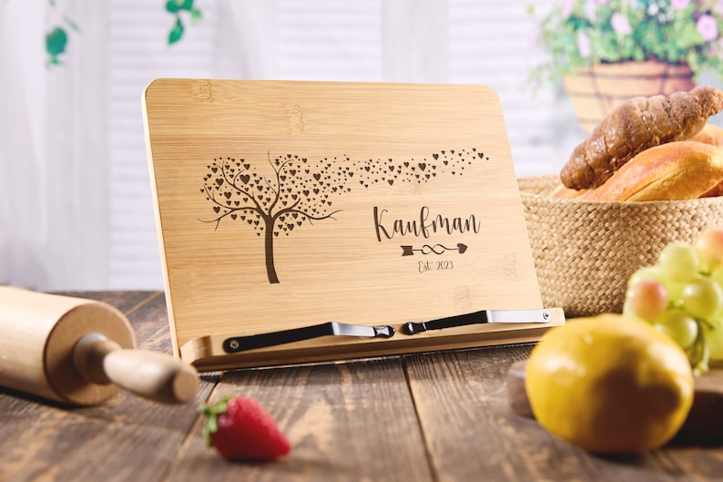 Personalized Cookbook Stand Recipe Book Holder Wooden Cookbook Holder Cookbook Display Housewarming Gifts for Couples New Home Gift image 3
