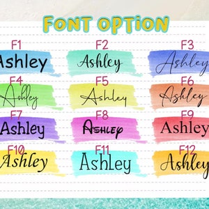 Puede incluir: Un gr&aacute;fico con 12 opciones de fuente diferentes para el nombre "Ashley" que se muestran en fondos de acuarela coloridos. Cada fuente est&aacute; etiquetada con un n&uacute;mero del F1 al F12.