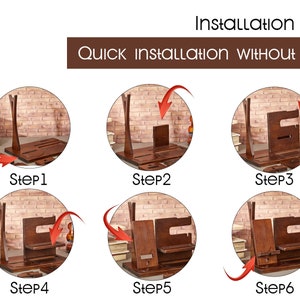 May include: A six-step visual guide showing how to assemble a wooden phone stand. The stand is made of dark brown wood and has a slot for a phone, a shelf for a charging cable, and a groove for a pen. The instructions are simple and easy to follow, and the stand is quick to assemble without the need for any tools.