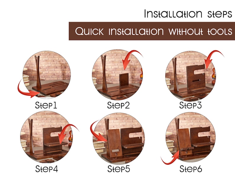 May include: A six-step visual guide showing how to assemble a wooden phone stand. The stand is made of dark brown wood and has a slot for a phone, a shelf for a charging cable, and a groove for a pen. The instructions are simple and easy to follow, and the stand is quick to assemble without the need for any tools.