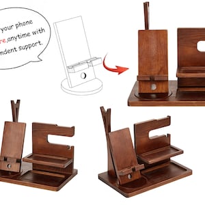 May include: A wooden phone stand with a separate compartment for charging cables and other accessories. The stand has a slot for holding a phone upright and a small shelf for holding other items.