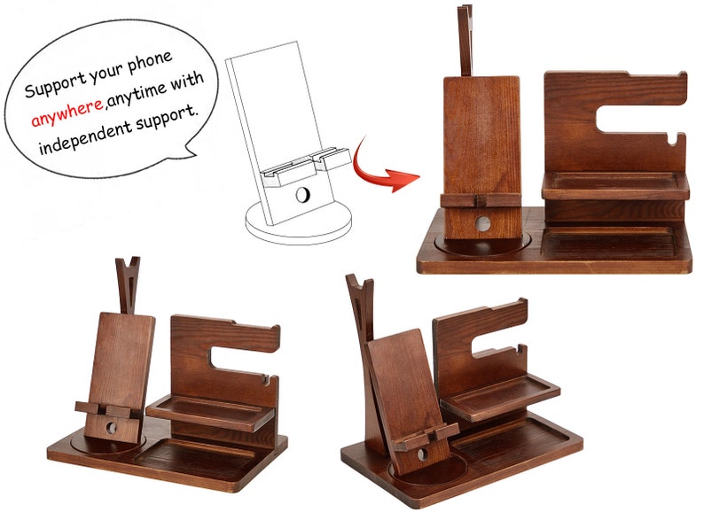May include: A wooden phone stand with a separate compartment for charging cables and other accessories. The stand has a slot for holding a phone upright and a small shelf for holding other items.