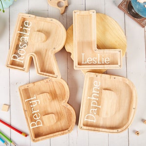 Cofrinho de letras personalizadas para crianças, alfabeto de madeira, nome, cofrinho, caixa de dinheiro, moeda inicial, presente para crianças, presente de natal